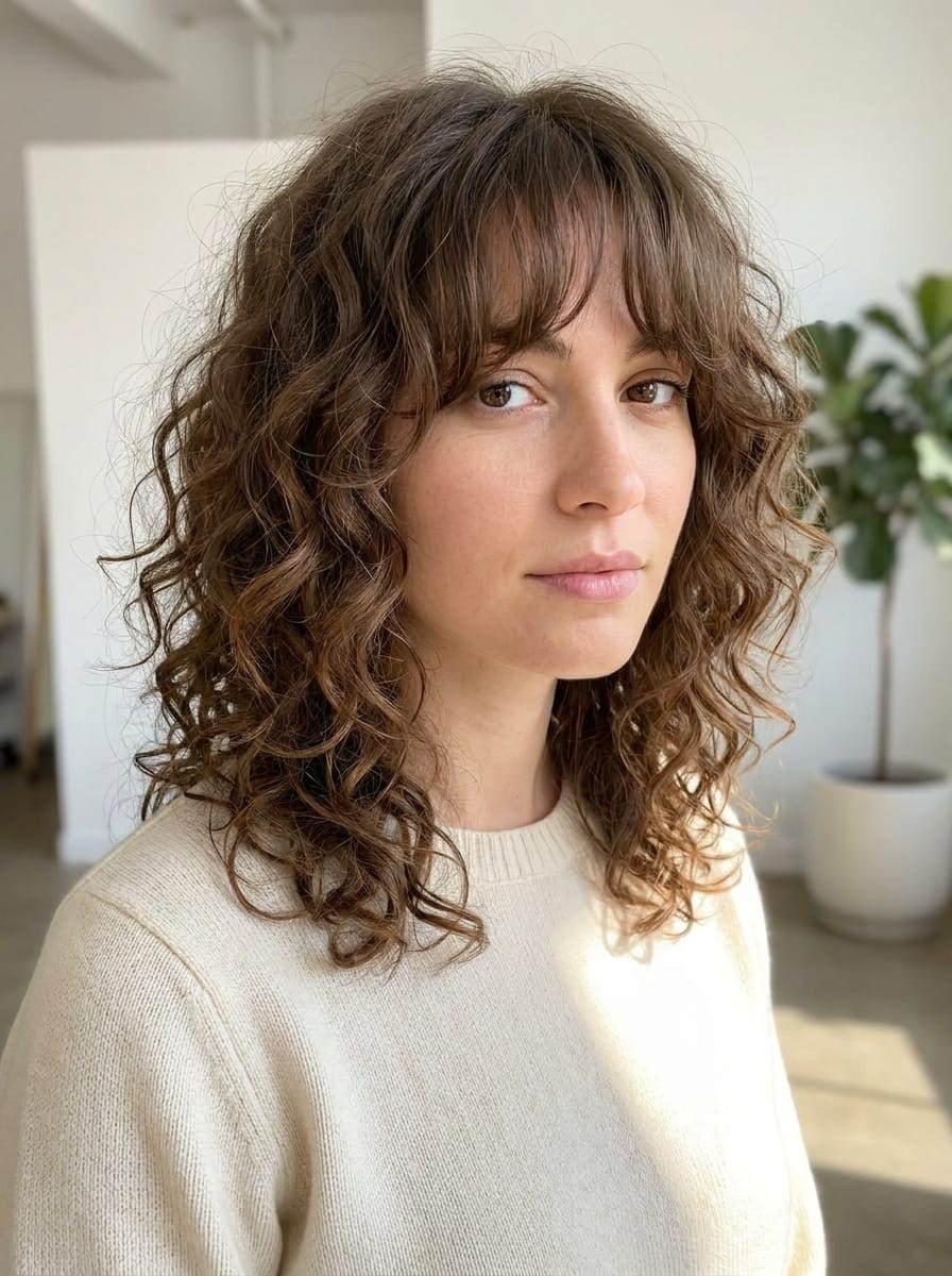 Mittellange Locken mit Curtain Bangs - Locken Frisur mittellang